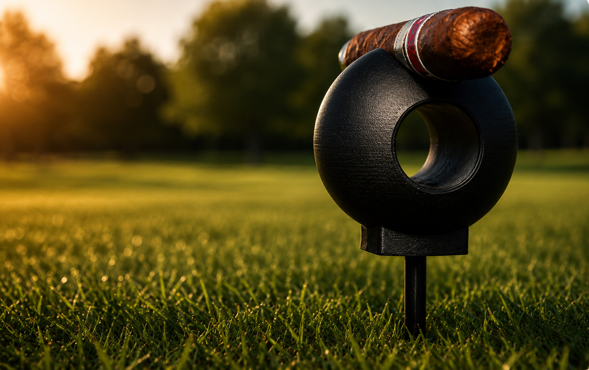     Black BogeyforStogies cigar stand keeping a cigar elevated above the grass